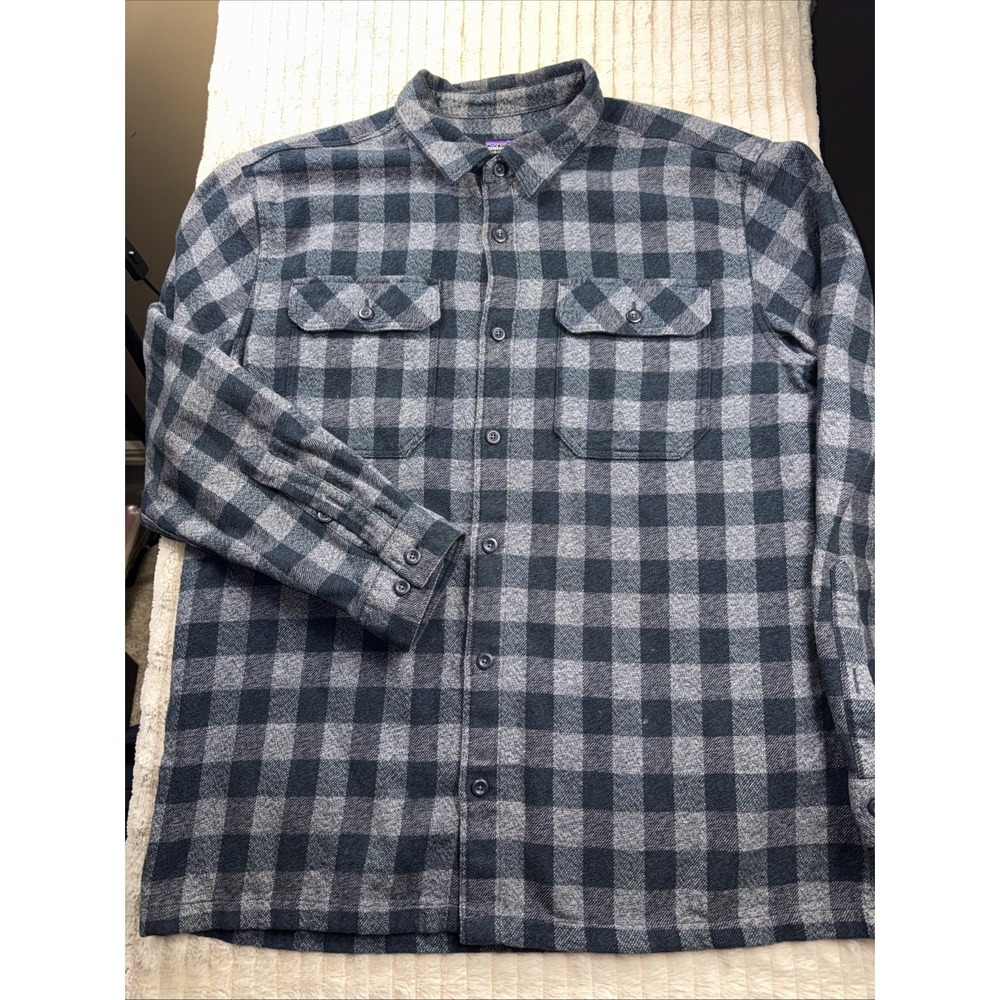 Patagonia Fjord Men Blue Plaid‎ Flannel Button Down Shirt L Organic Cotton EUC